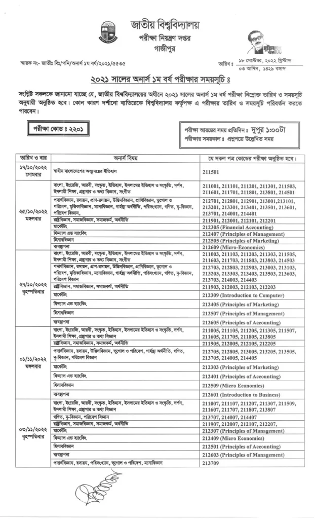 Honours 1st year exam Routine 2022 (অনার্স ১ম বর্ষ রুটিন 2022) NU Hons 1st year exam Routine