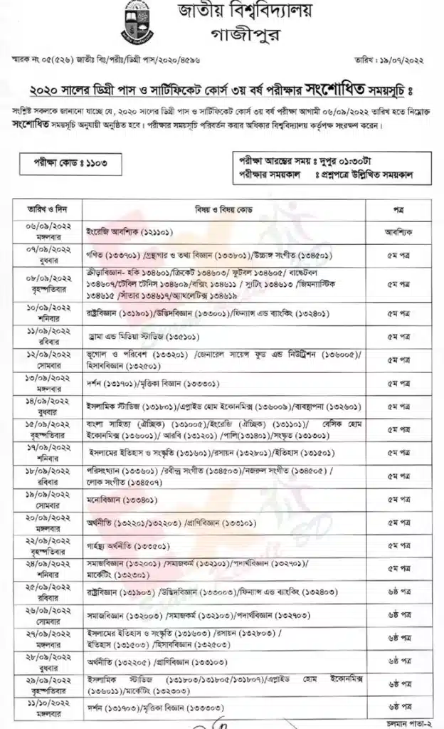 Degree 3rd year Routine 2022 (ডিগ্রি ৩য় বর্ষ রুটিন 2022) NU Degree Routine
