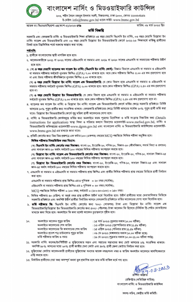 Diploma in Nursing Admission Circular & Result 2023-24